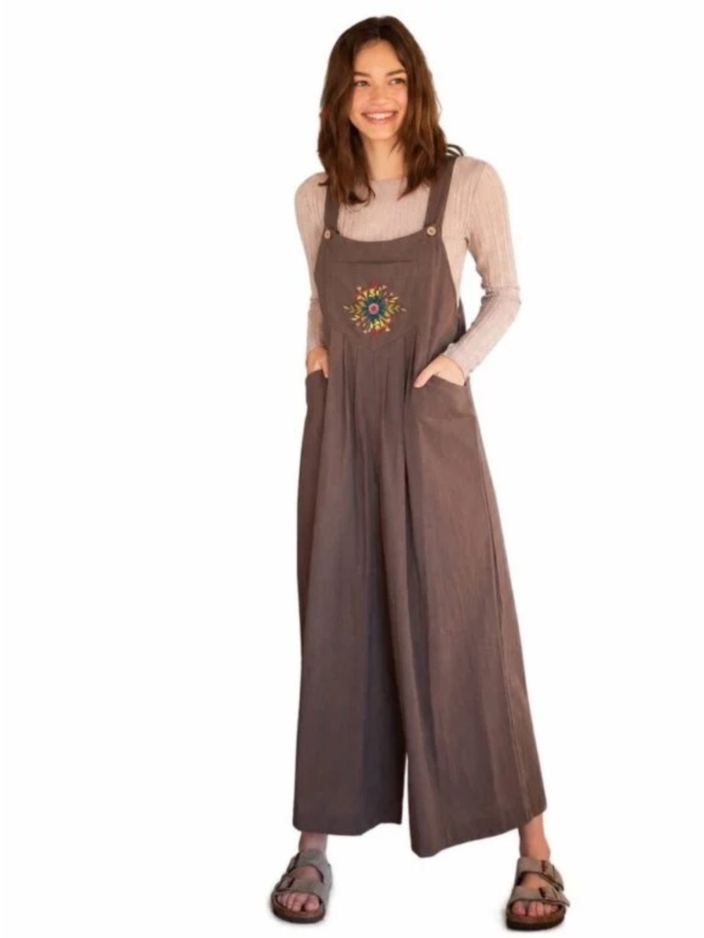 NATURAL LIFE 🌷 Brown Wide Leg Embroidered Jumpsuit Overalls